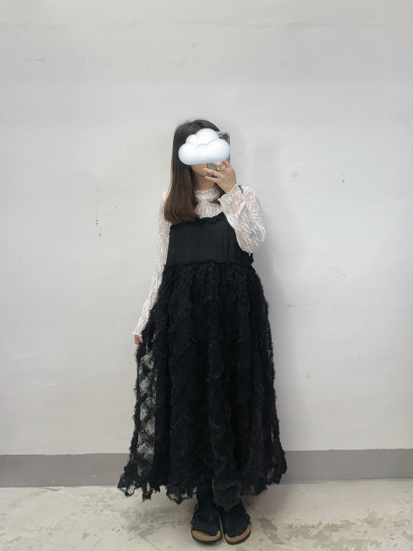 【SALE】波點紋拼紗ruffle吊帶ops丨米白