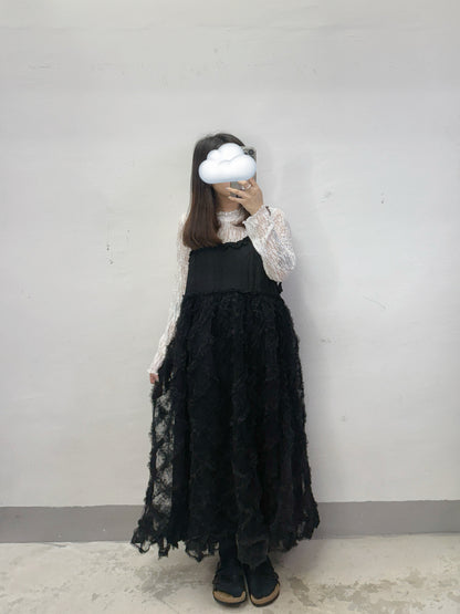 【SALE】波點紋拼紗ruffle吊帶ops丨米白