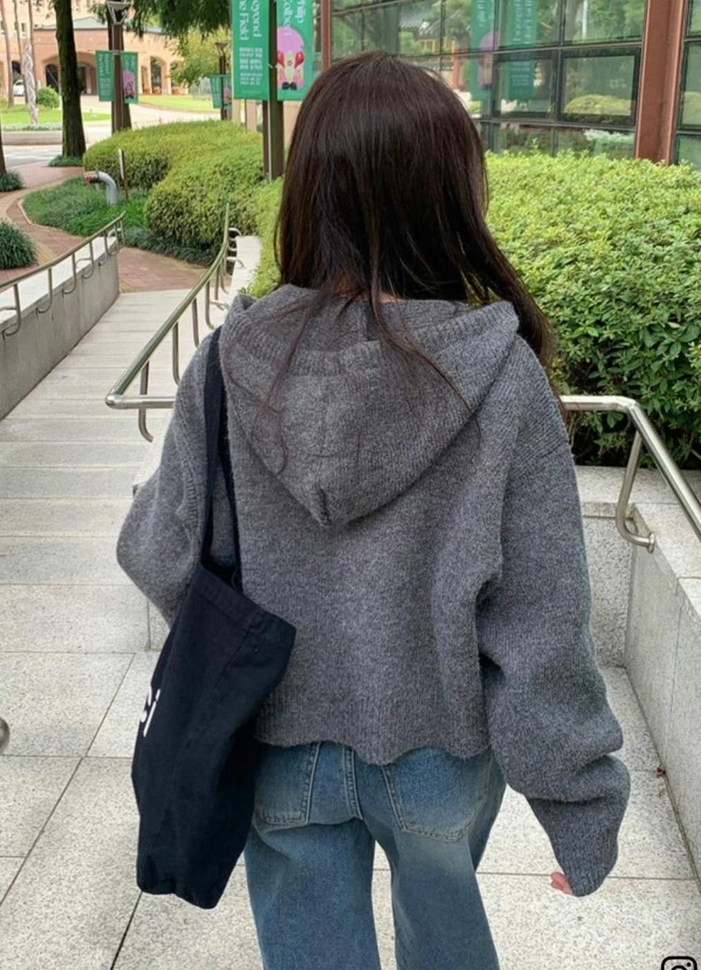 針織有帽拉鍊外套｜卡其