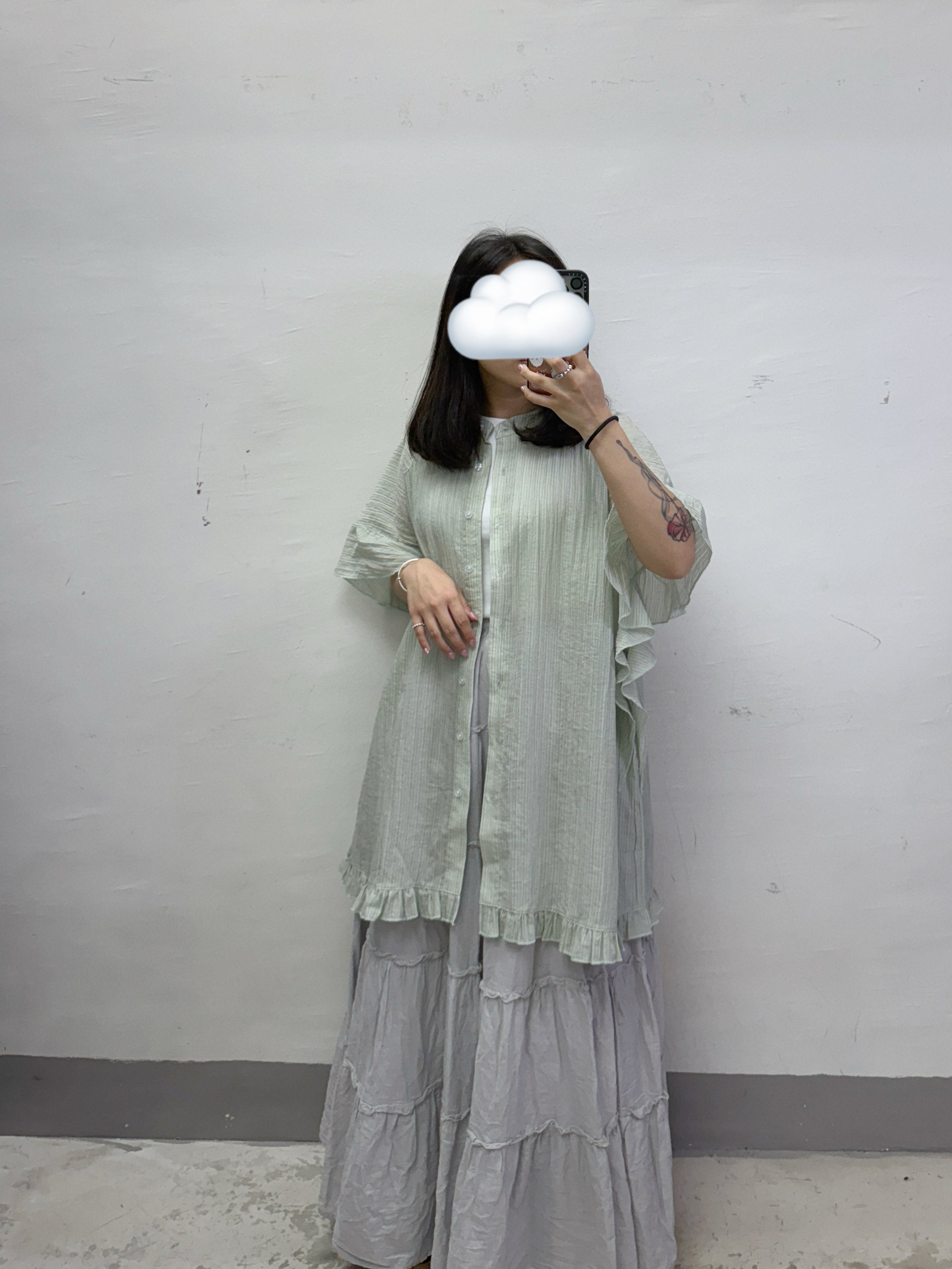 【SALE】暗直紋ruffle袖半透oversize top/外襯丨3 col