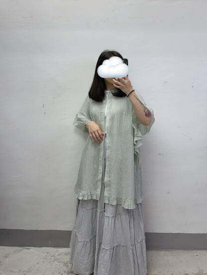 【SALE】暗直紋ruffle袖半透oversize top/外襯丨3 col