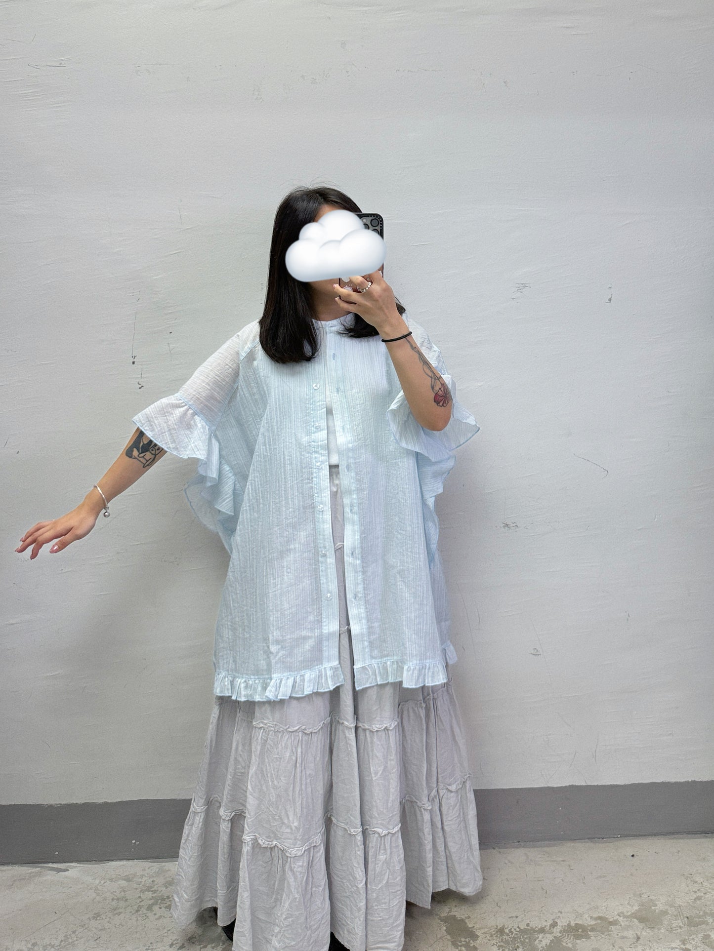 【SALE】暗直紋ruffle袖半透oversize top/外襯丨3 col
