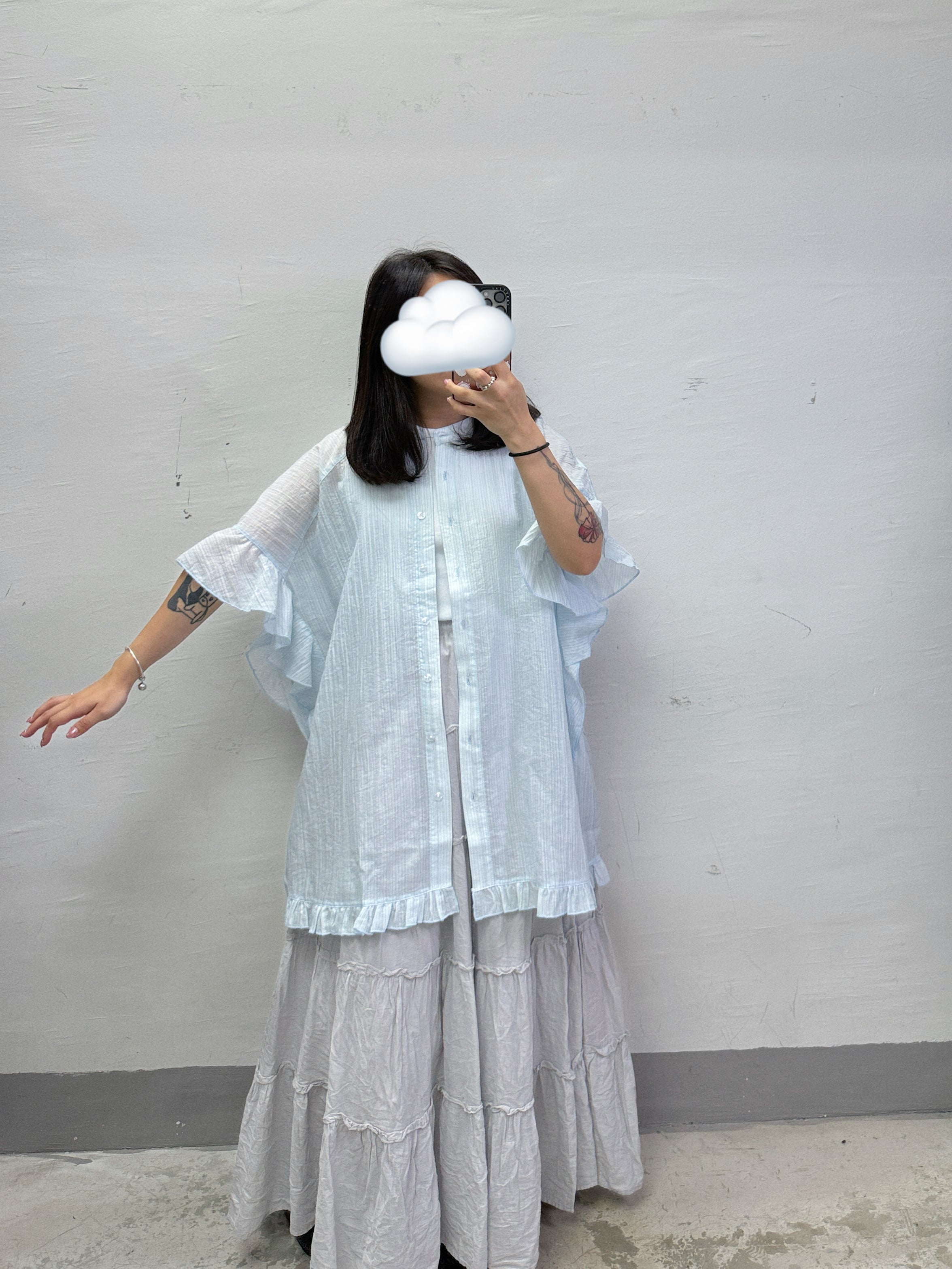 【SALE】暗直紋ruffle袖半透oversize top/外襯丨3 col