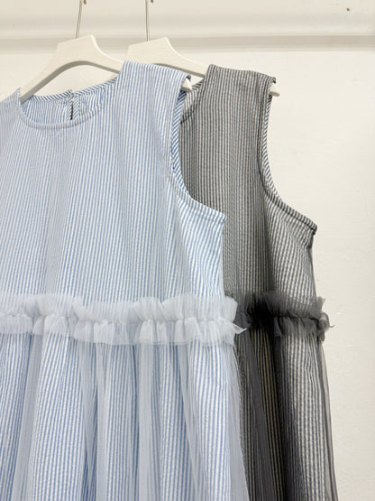 條紋拼紗ruffle邊ops丨2 col