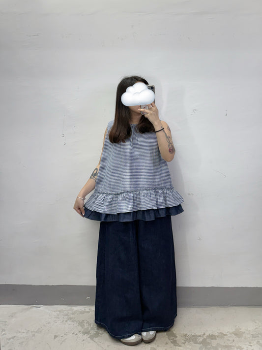 【新品優惠】下擺拼牛仔布雙層ruffle格紋背心