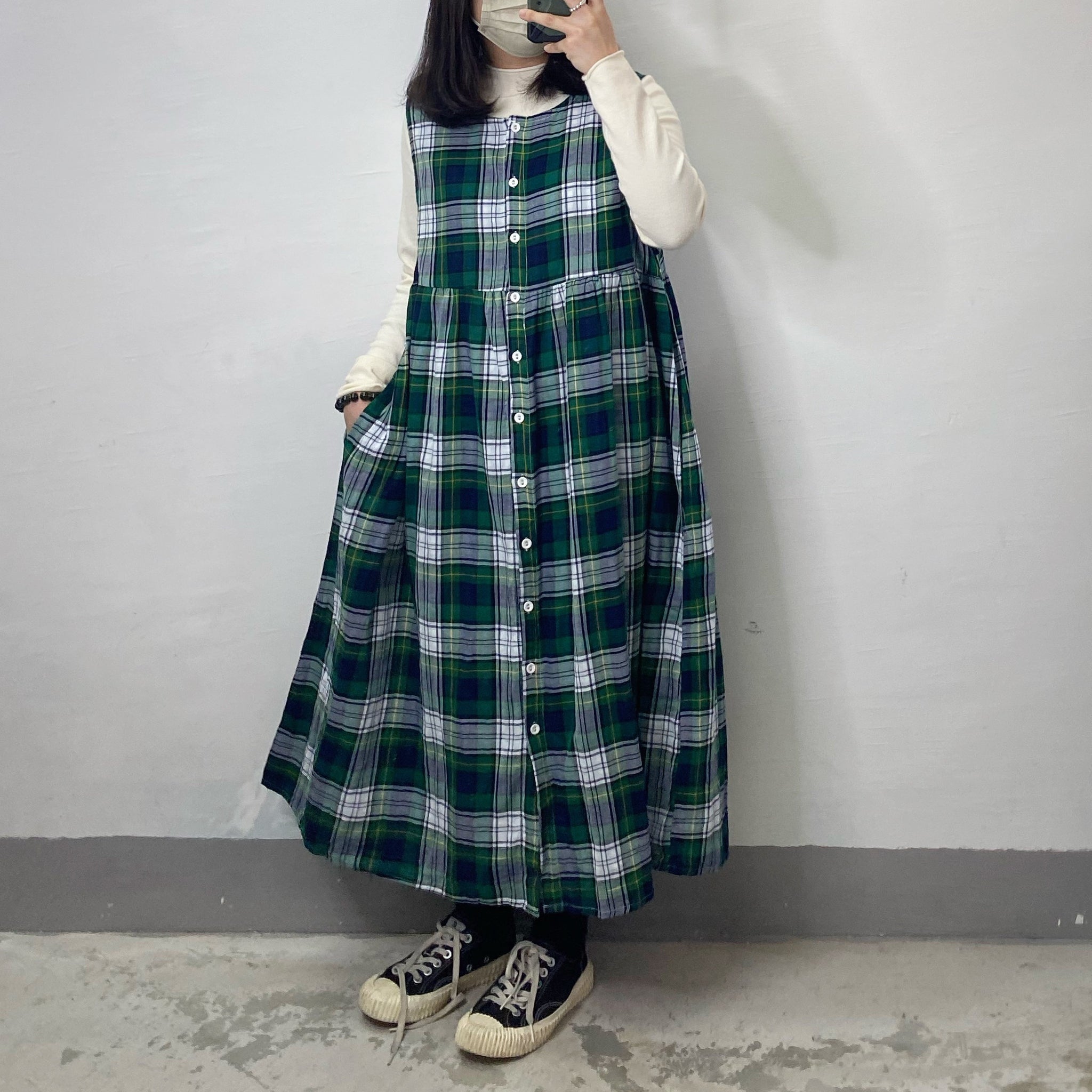 【SALE】棉質格子排鈕ops｜2 col