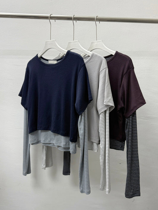 【SALE】舒服～假兩件拼條紋上衣丨3 col