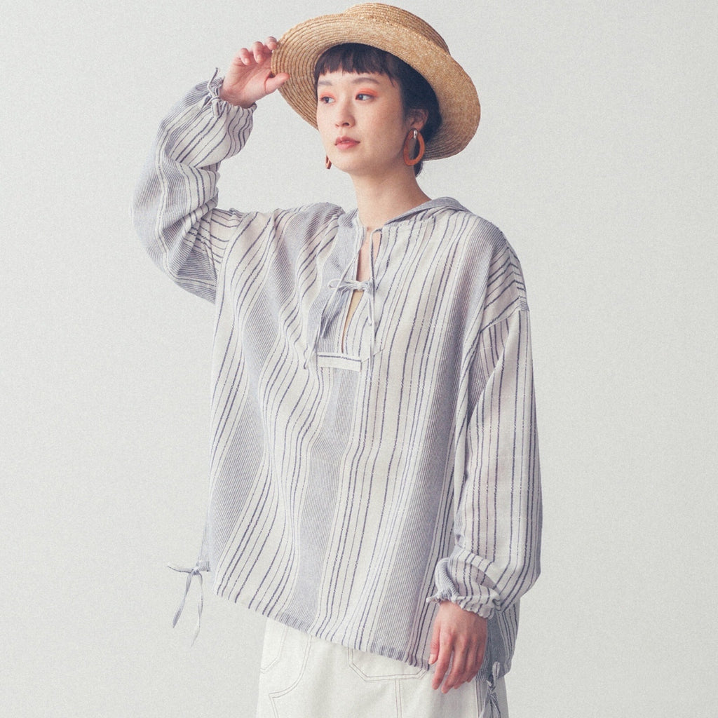 【SALE】綁帶蝴蝶結條子連帽top｜2 col