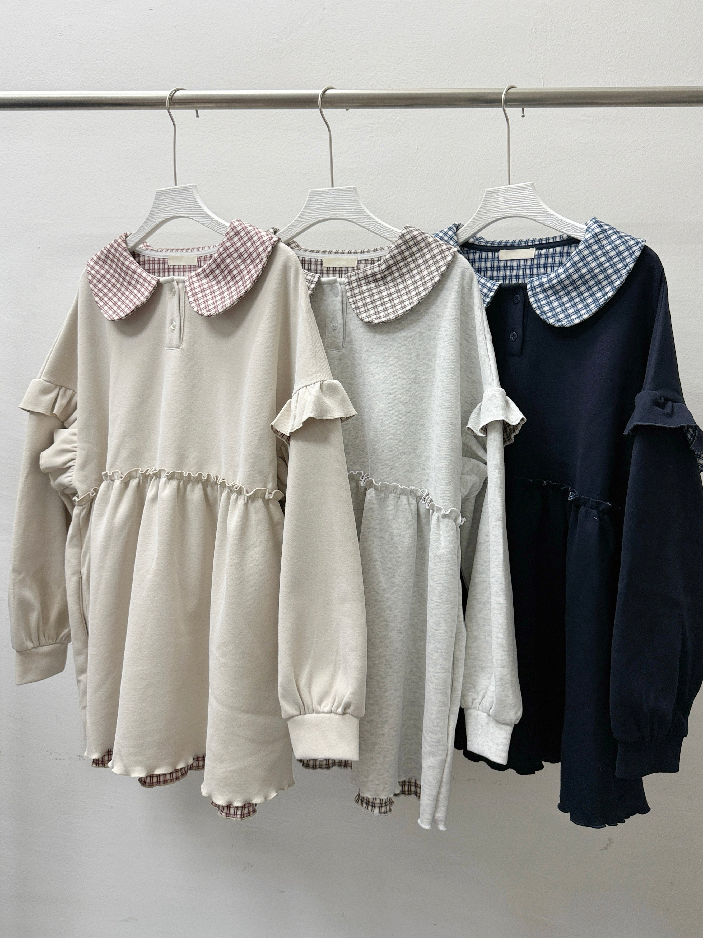 【Time Offer】推！拼格娃娃領ruffle top(有側袋)丨3 col