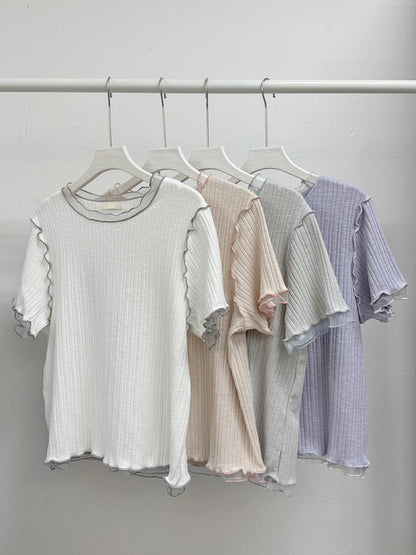 【SALE】邊邊拼紗直紋top丨粉