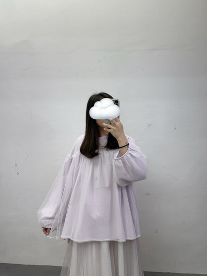 【SALE】暗條紋拼紗上衣丨紫