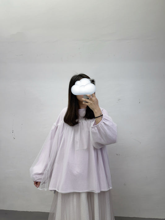 【SALE】暗條紋拼紗上衣丨紫
