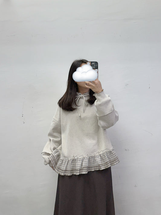 【SALE】下擺拼紗格紋有帽上衣丨3 col