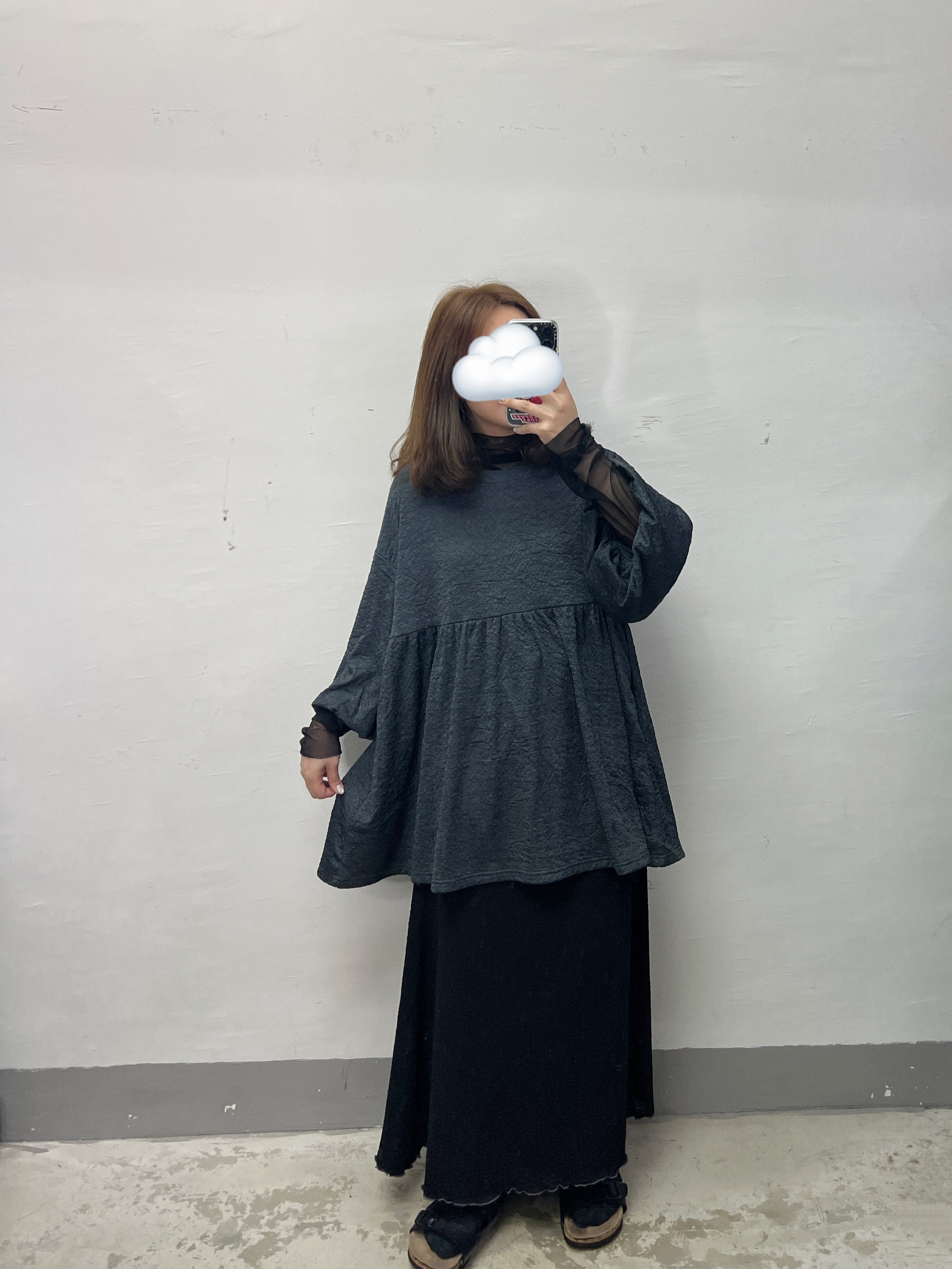 【SALE】皺皺紋微泡泡中袖top(有袋)｜4 col