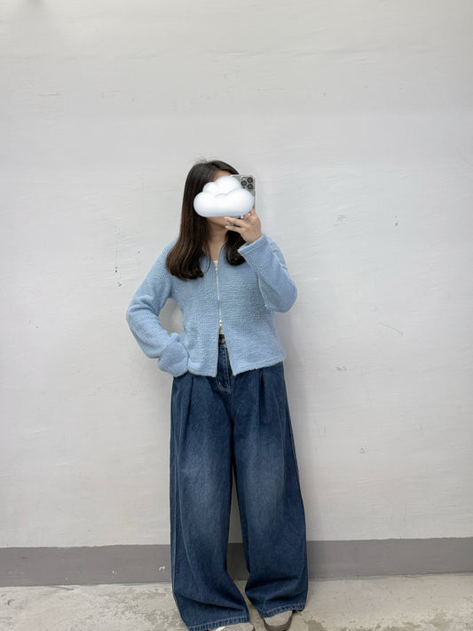 【SALE】反領雙拉鏈毛毛上衣丨白 黑