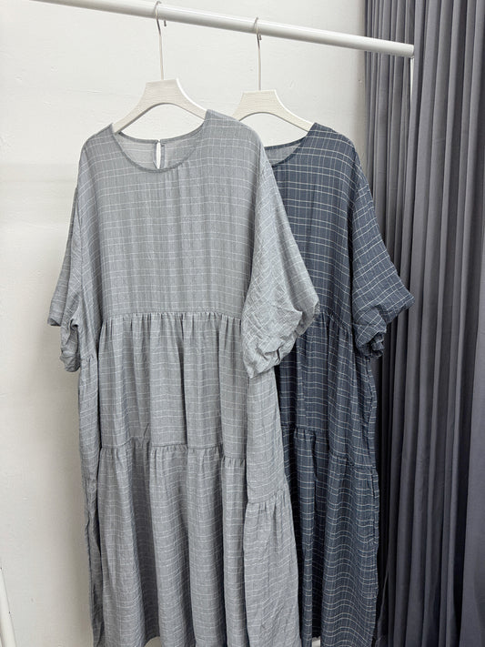 【SALE】通爽料格紋泡泡袖ops丨灰