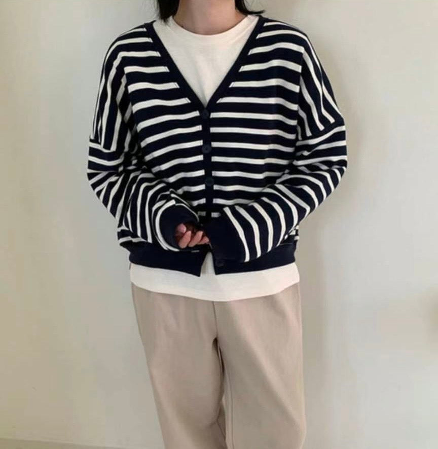 【SALE】薄珠地棉料條子外套｜灰