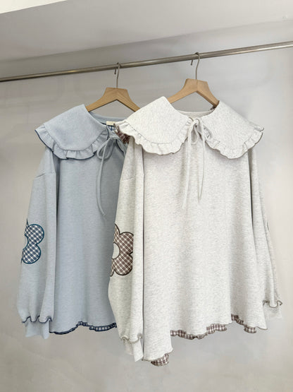 【SALE】綁帶娃娃領拼布花花袖上衣丨黃