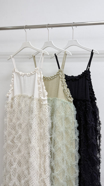 【SALE】波點紋拼紗ruffle吊帶ops丨米白