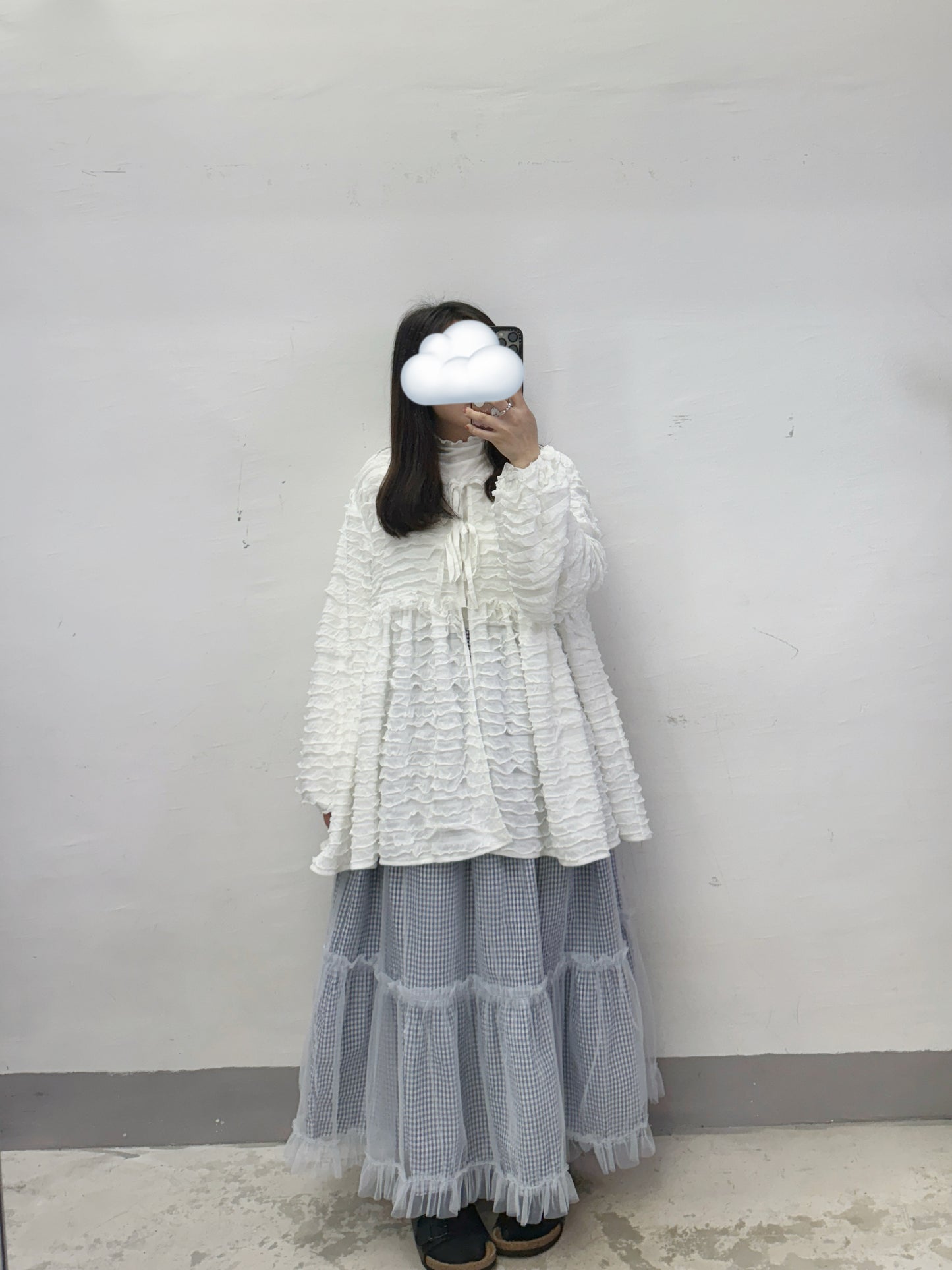 【SALE】泡泡棉格紋拼紗半身裙丨紅