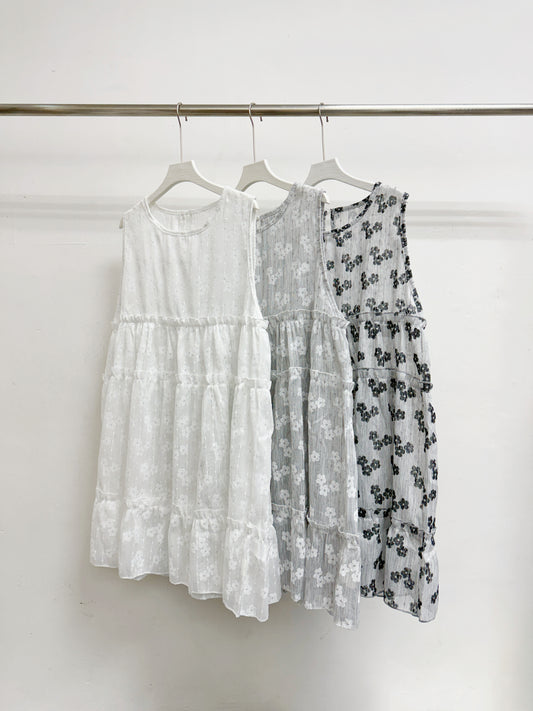 【SALE】閃閃印花ruffle中長背心/外搭丨白 黑