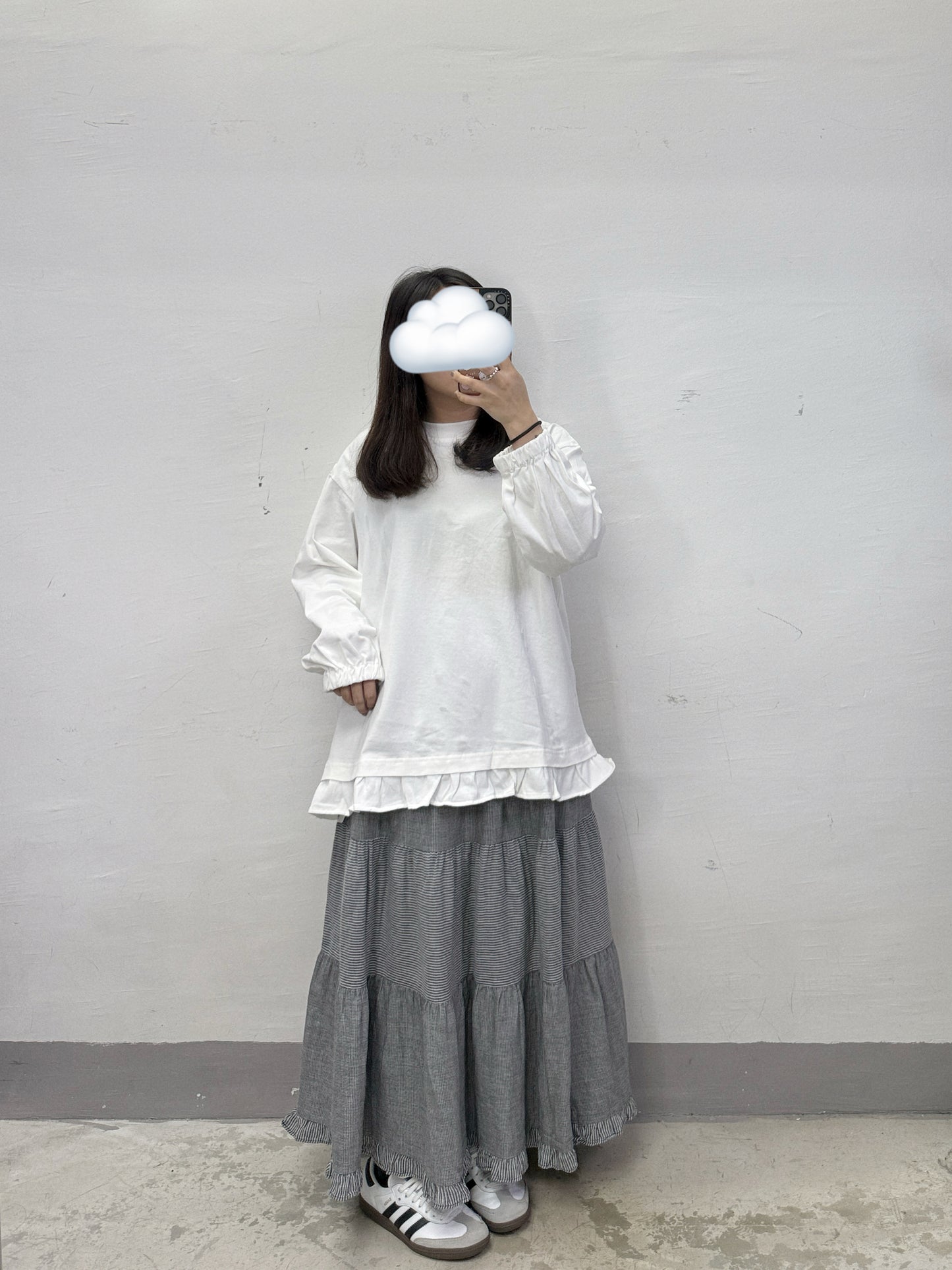 【SALE】千鳥格拼條紋bb棉層層半身裙丨黑