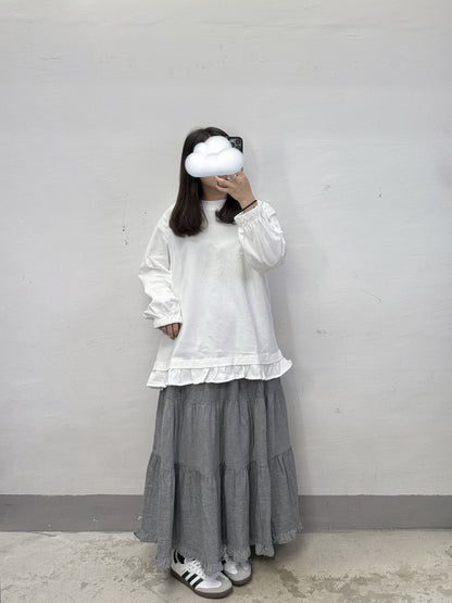 【SALE】千鳥格拼條紋bb棉層層半身裙丨黑