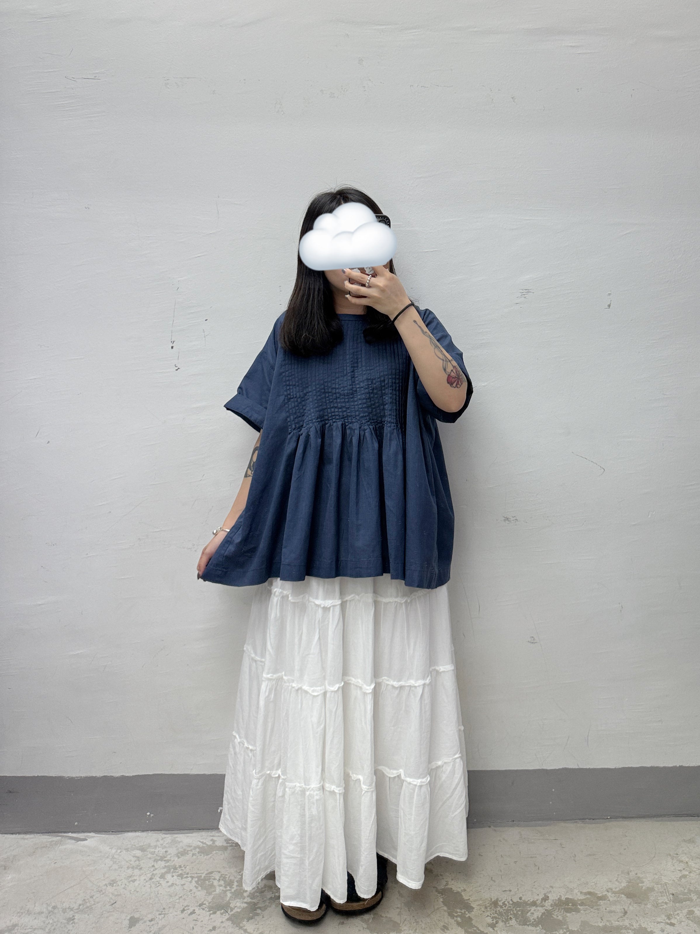 【SALE】麻質百褶紋top丨淺藍