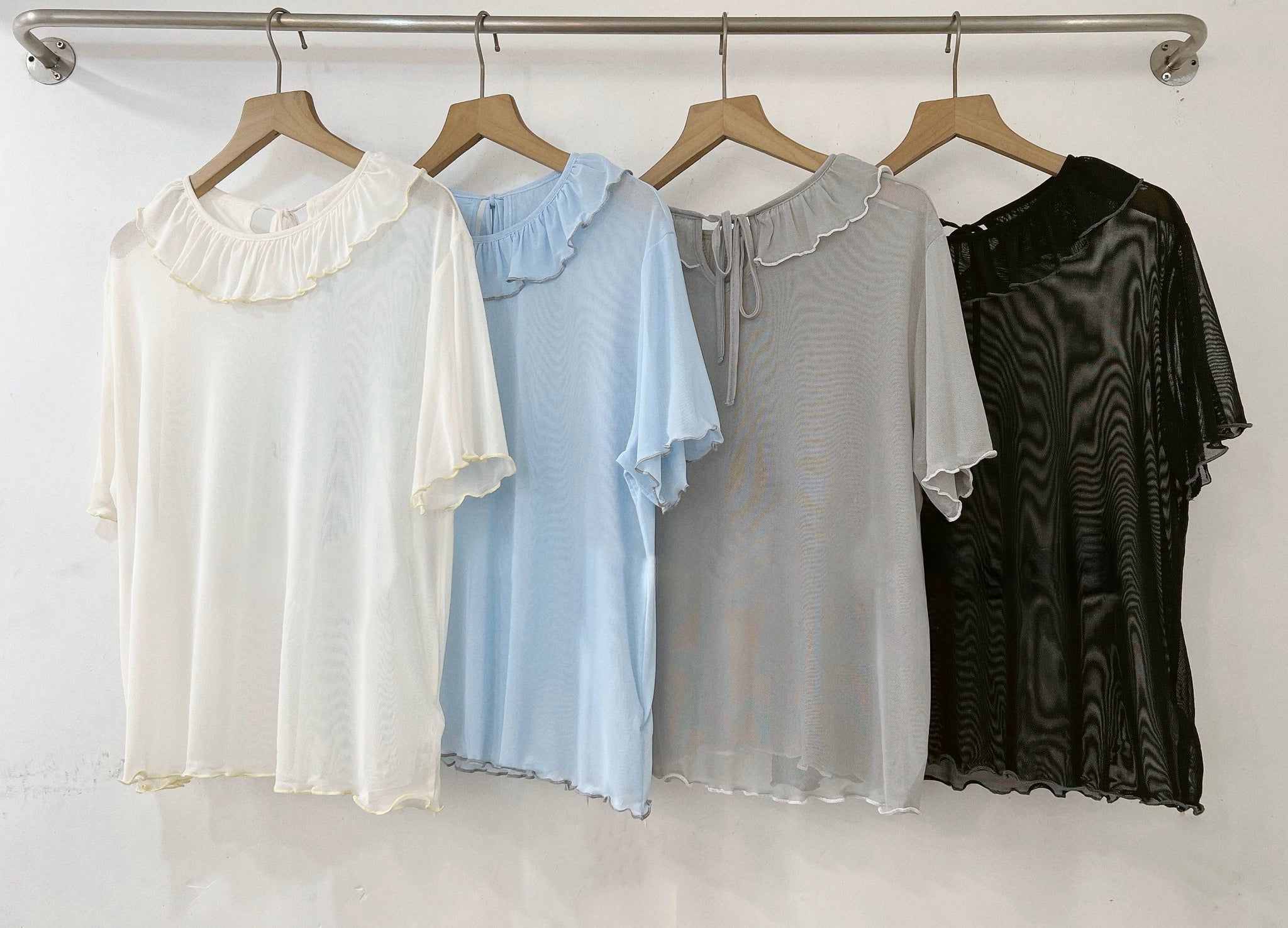 【SALE】後綁帶荷葉領透透top丨 米白 灰