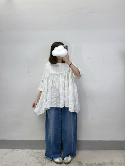 【新品優惠】遮手臂~暗條紋ruffle邊傘型上衣丨2 col