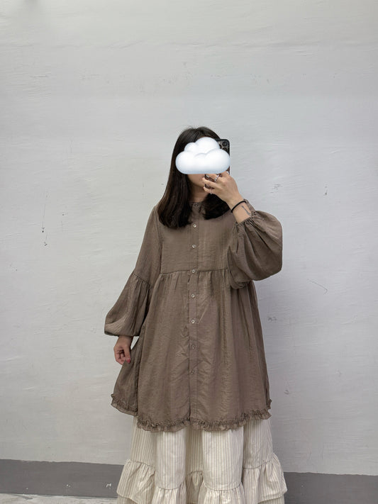 【SALE】下擺ruffle邊中長半透top丨白 啡