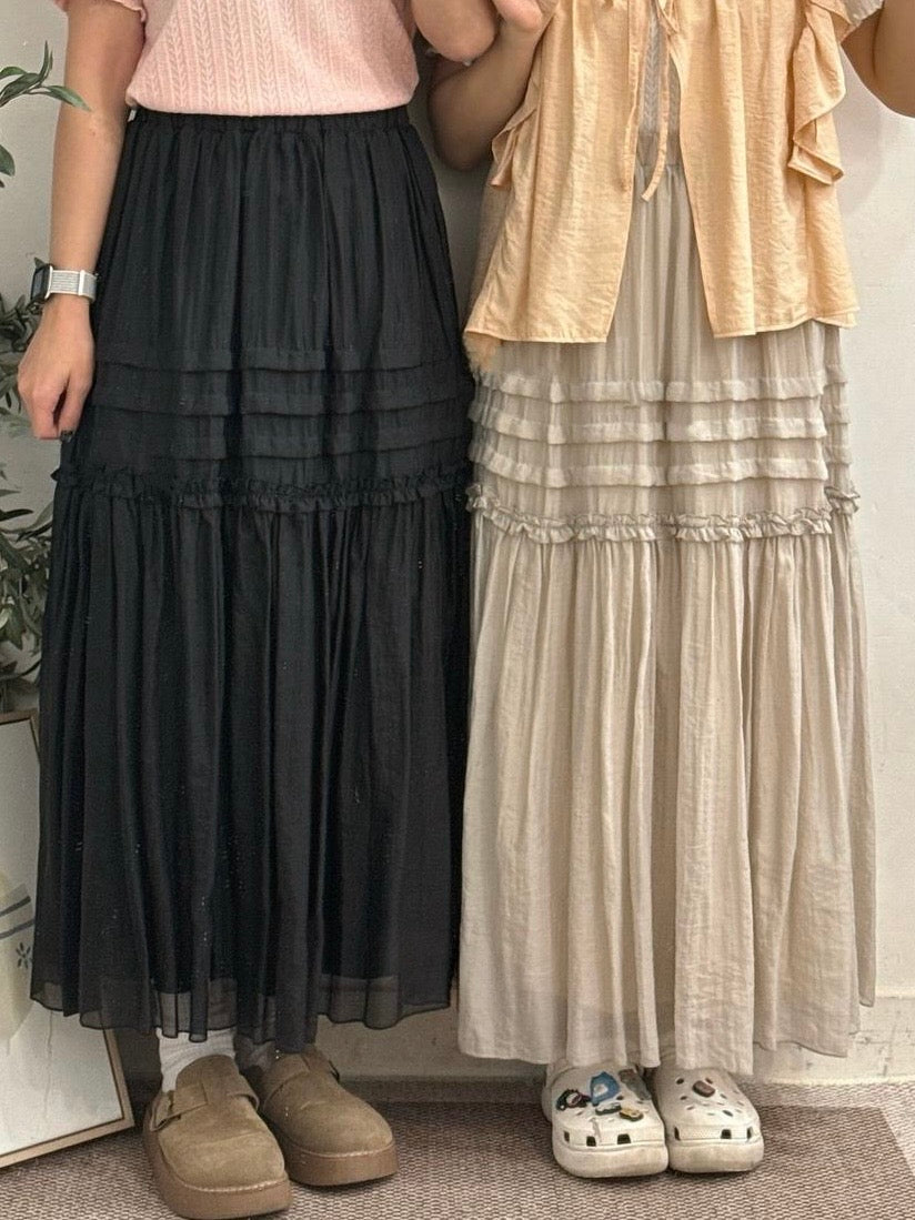 【SALE】ruffle邊壓褶半身裙丨黑