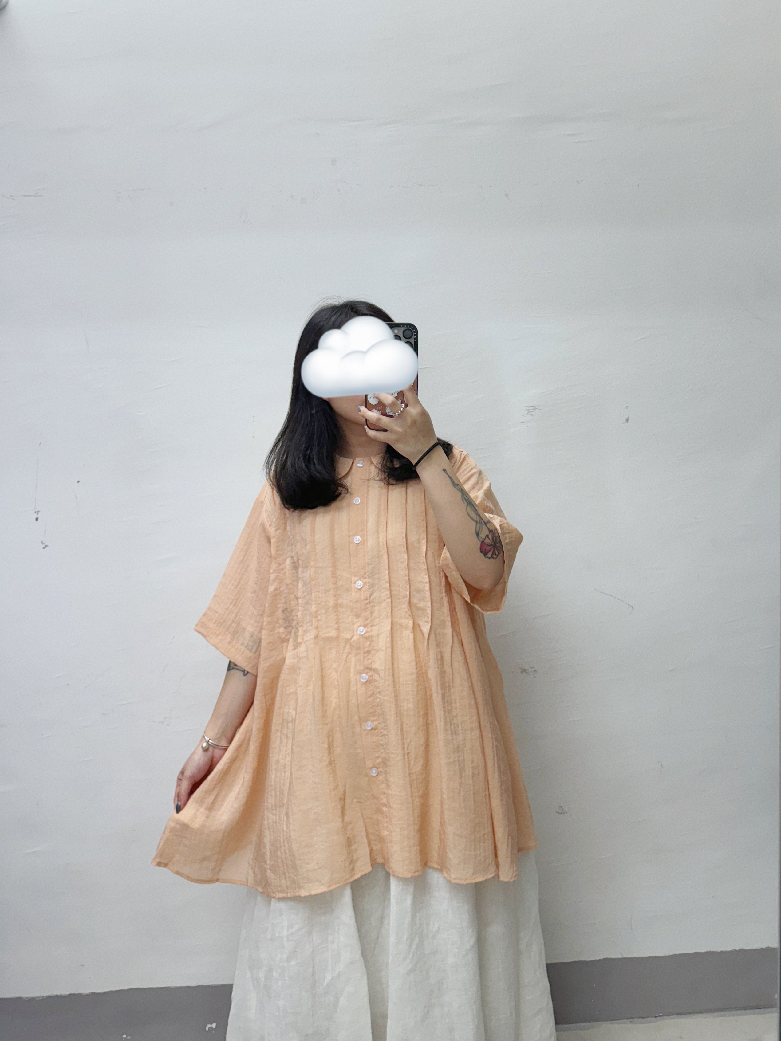 推！BB領壓褶半透襯衫丨白 灰 橙