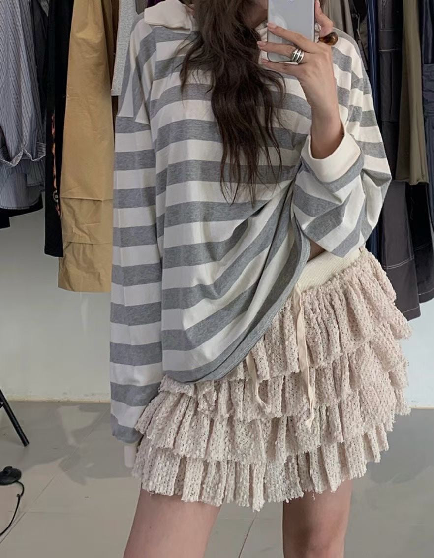 【SALE】反領條紋上衣丨灰