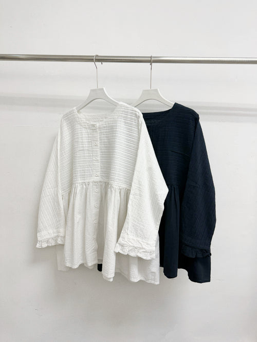 壓褶拼布開胸傘型上衣丨2 col