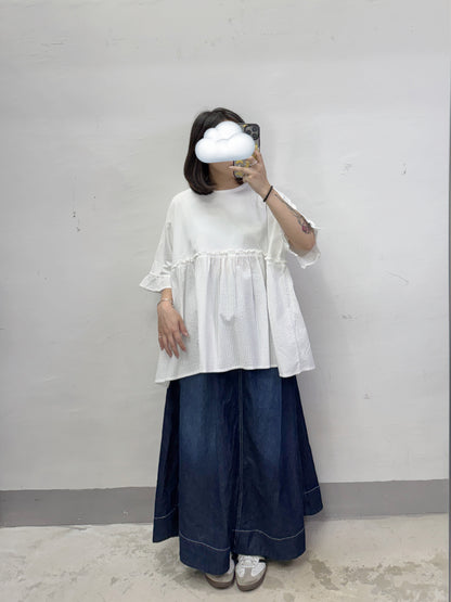 【新品優惠】ruffle袖拼布傘型上衣丨2 col