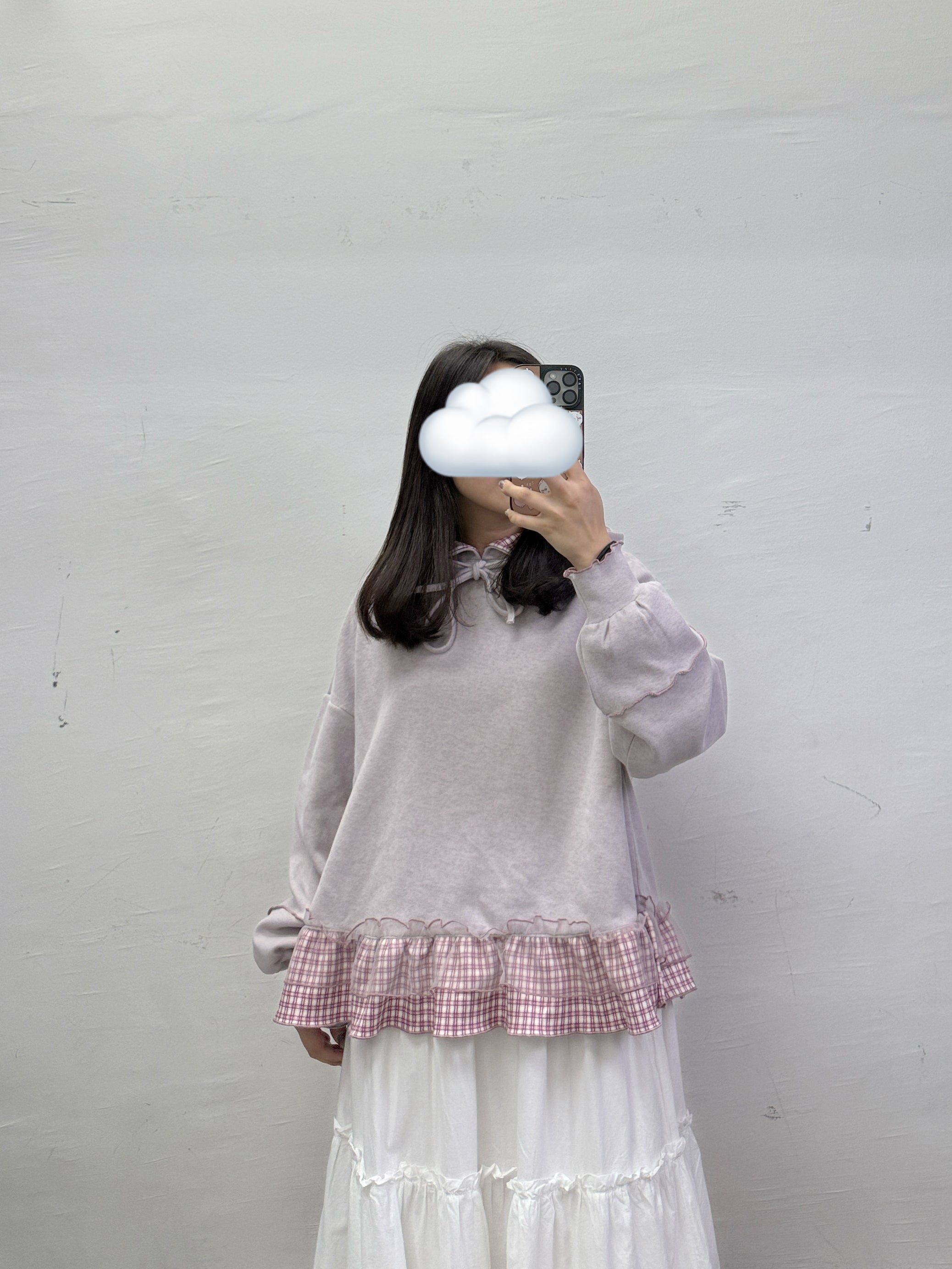 下擺拼紗格紋有帽上衣丨3 col