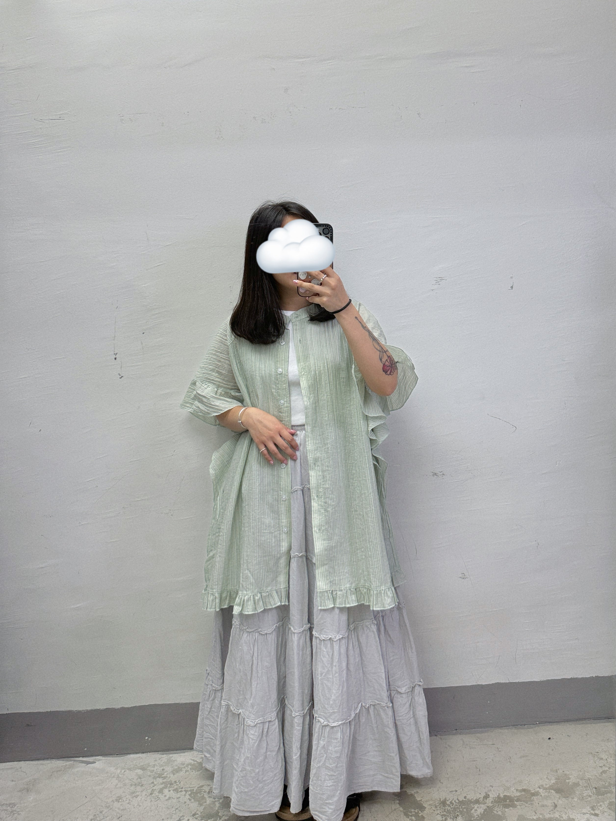 【SALE】暗直紋ruffle袖半透oversize top/外襯丨3 col