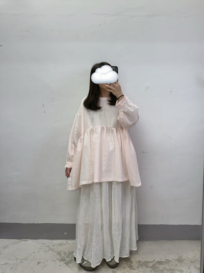 【SALE】橡筋束袖條紋娃娃上衣丨粉橙