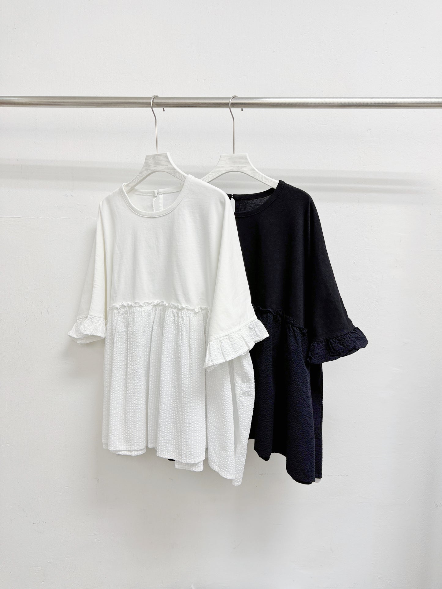 【新品優惠】ruffle袖拼布傘型上衣丨2 col