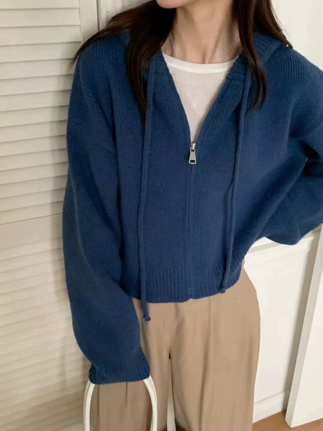 針織有帽拉鍊外套｜卡其