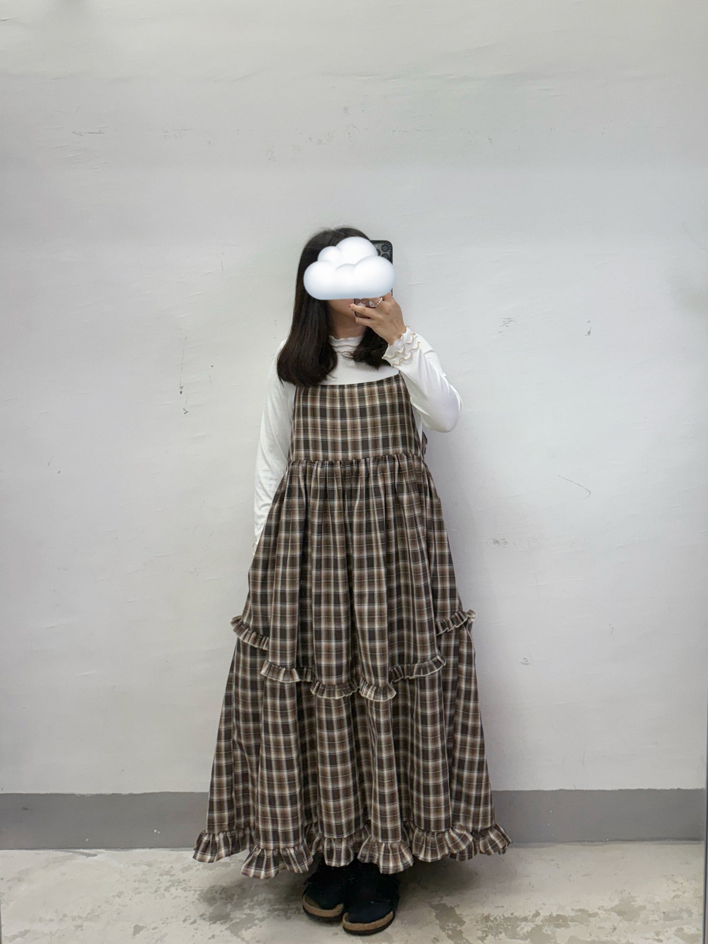 【SALE】棉麻格紋ruffle邊吊帶ops丨黑