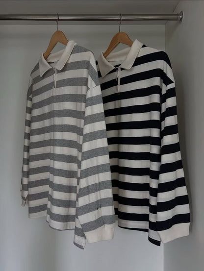 【SALE】反領條紋上衣丨灰