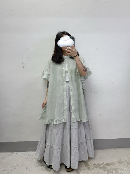 【SALE】暗直紋ruffle袖半透oversize top/外襯丨3 col