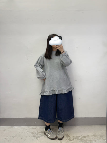 【SALE】束袖下擺ruffle邊棉料上衣丨白
