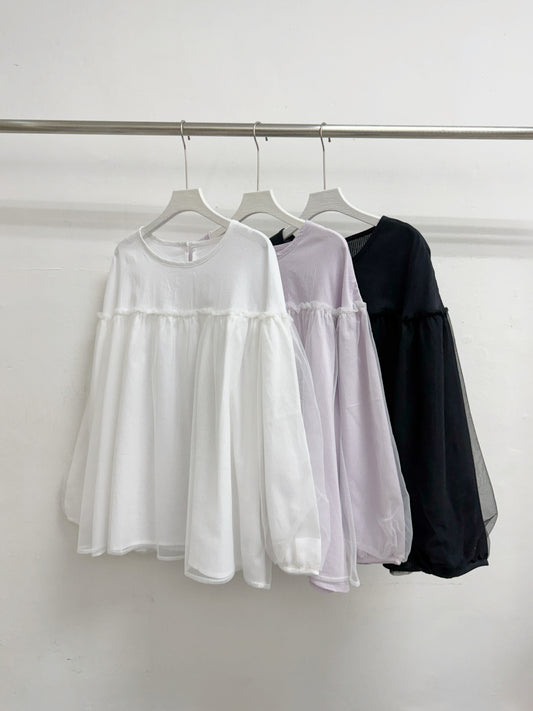 【SALE】暗條紋拼紗上衣丨紫