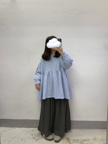 【SALE】橡筋束袖條紋娃娃上衣丨粉橙