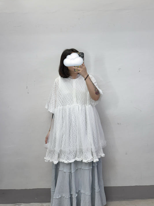 【SALE】暗紋拼紗泡泡袖罩衫丨白 粉