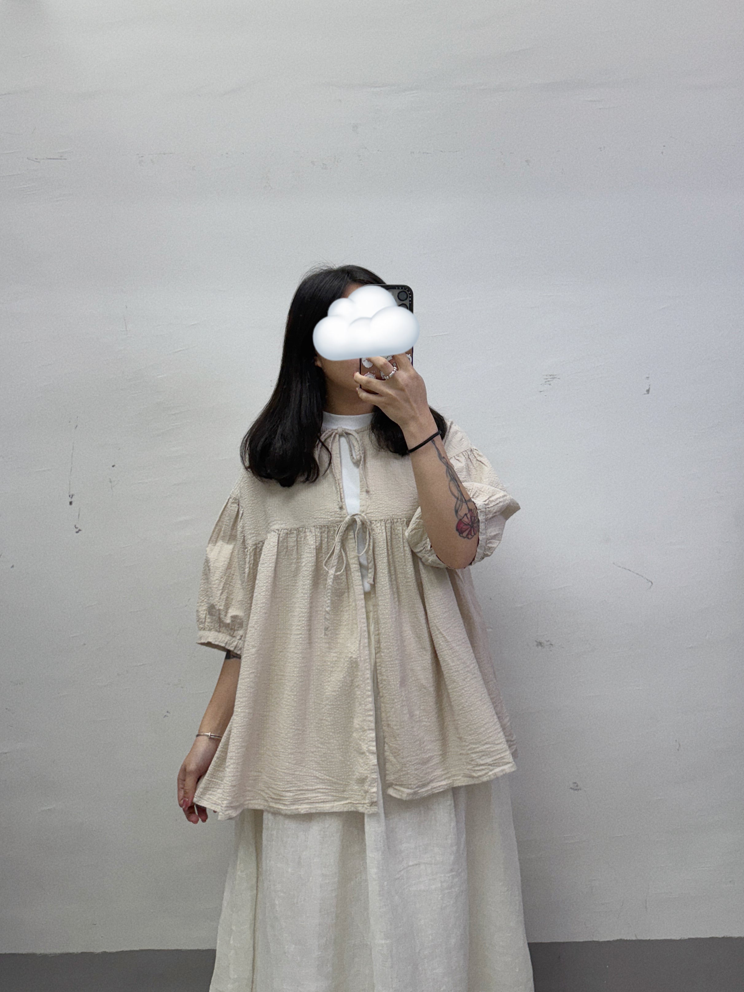 暗條紋綁帶蝴蝶結top丨灰藍