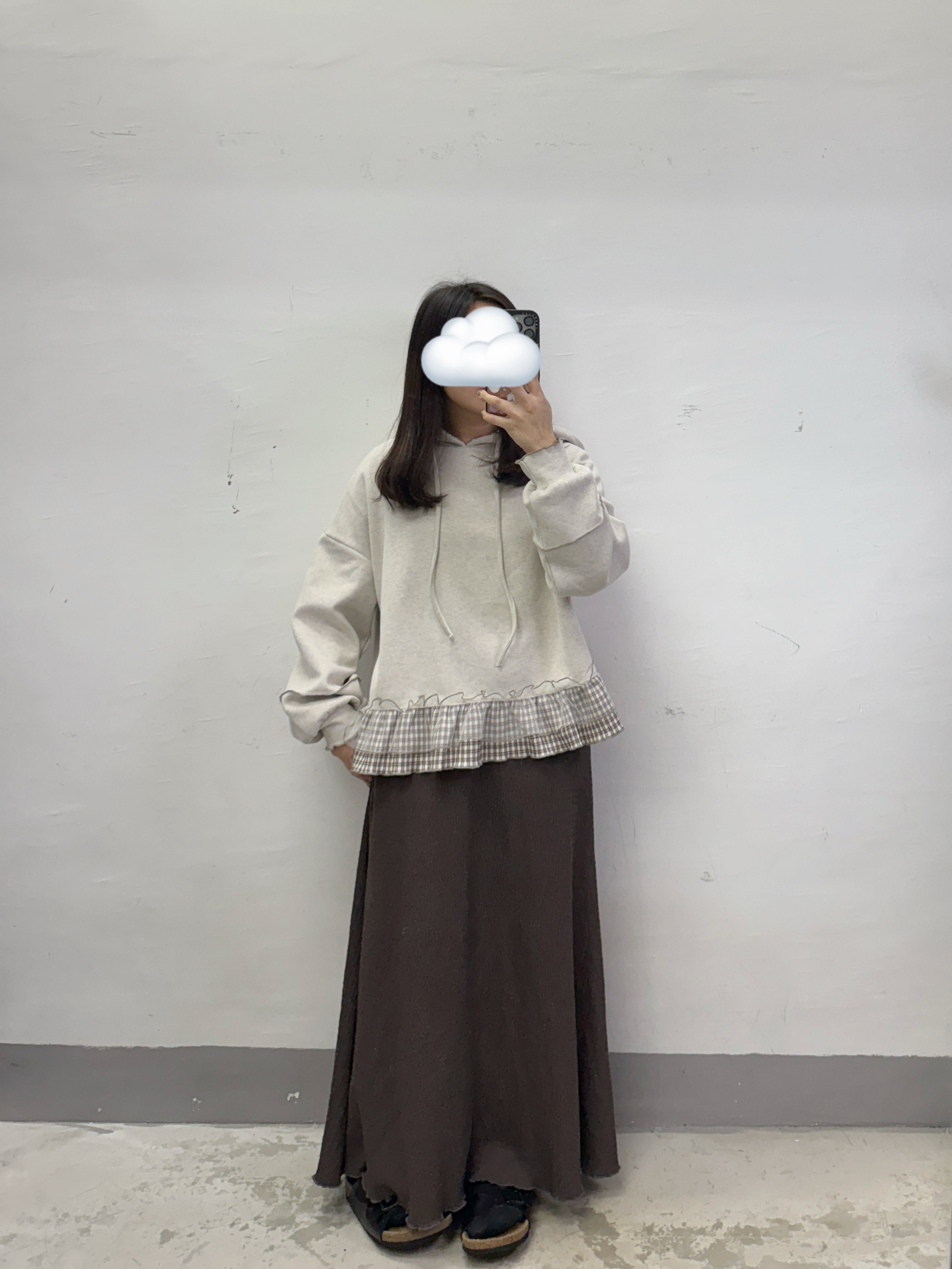 【SALE】下擺拼紗格紋有帽上衣丨藍